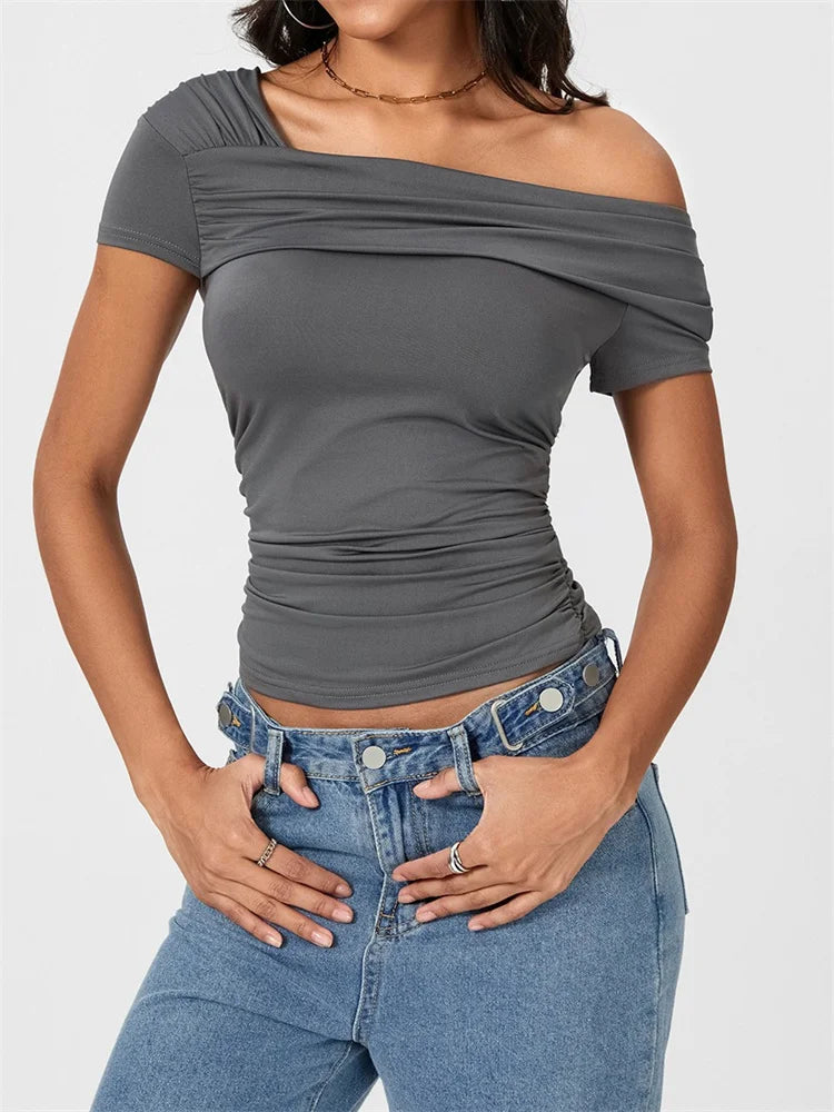 FashionSierra - Asymmetrical Neck Solid Color Off Shoulder Short Sleeve Ruched Casual Streetwear Tee