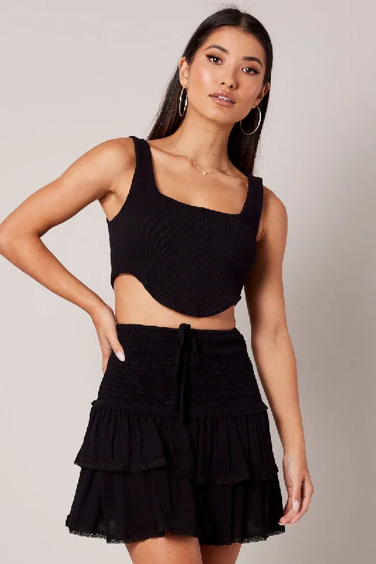 Black Skater Skirt Smocking Waist Mini