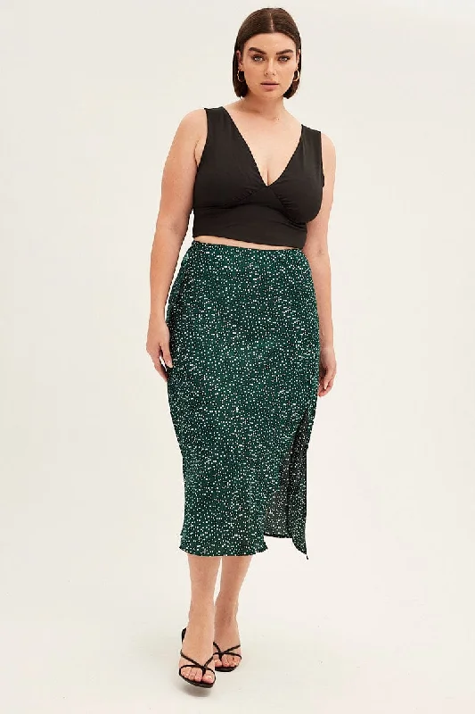 Green Polka Dot Midi Skirt Split Slip Satin