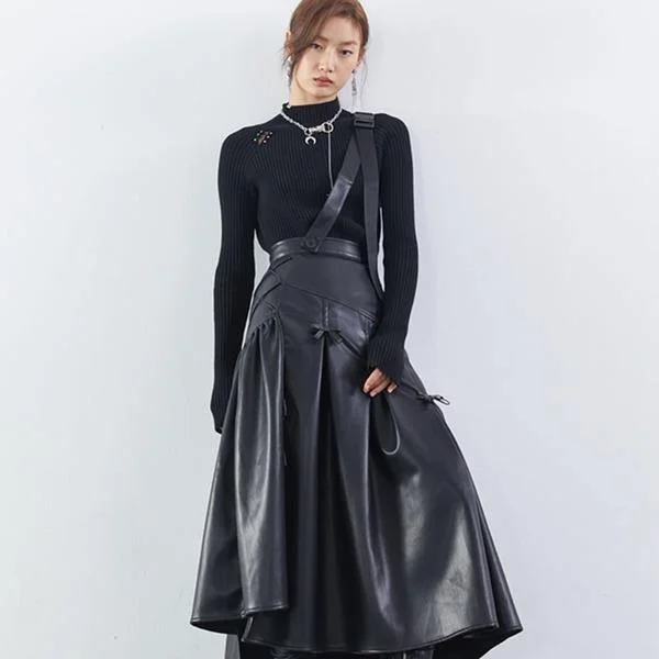 Patchwork Wrinkle Bow Solid PU Skirt Women 2020 Winter Casual Fashion Clothes