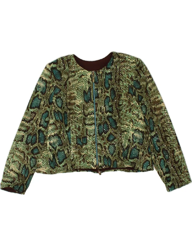 JOSEPH RIBKOFF Womens Full Zip Biker Jacket UK 22 2XL Green Animal Print