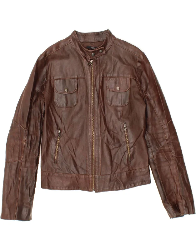 SASCH Womens Biker Leather Jacket UK 10 Small Brown Leather