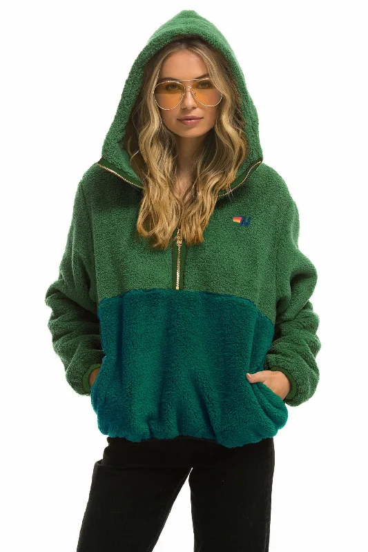 TEDDY UNISEX HOODED HALF ZIP COLOR BLOCK JACKET - GARDEN GREEN