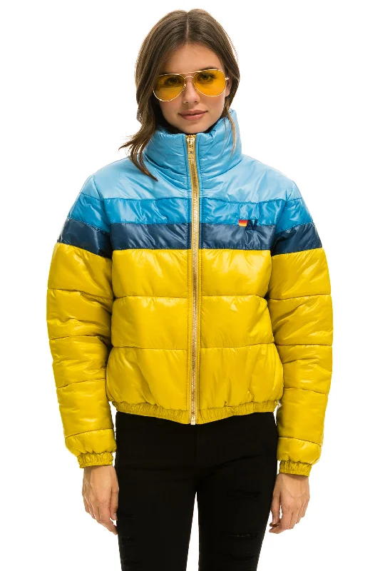 COLOR BLOCK LUXE APRES PUFFER JACKET - HONEY GLOSSY