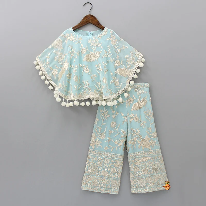 Blue Top With Pom Poms Detailed Embroidered Cape And Palazzo