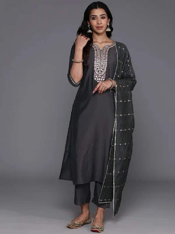 Grey Yoke Design Silk Blend Straight Suit With Dupatta