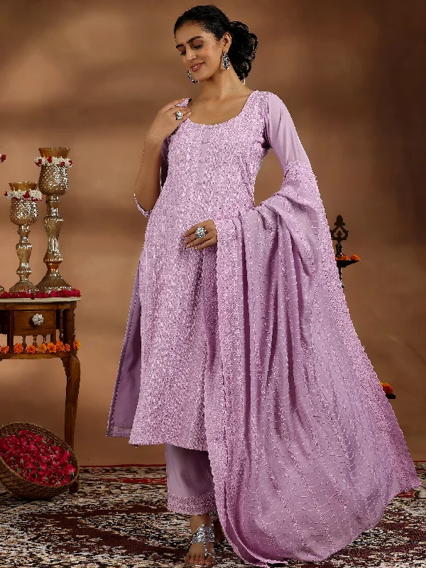 Mauve Embroidered Silk Blend Straight Suit With Dupatta