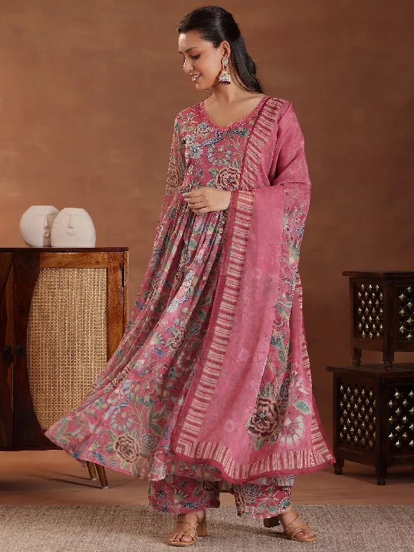 Mauve Printed Poly Chiffon A-Line Kurta With Palazzos & Dupatta