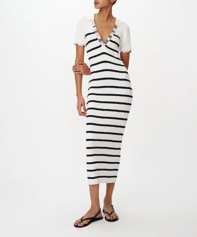 Cotton Silk Blend Striped Sleeveless Split Collar Dress - White-Midnight