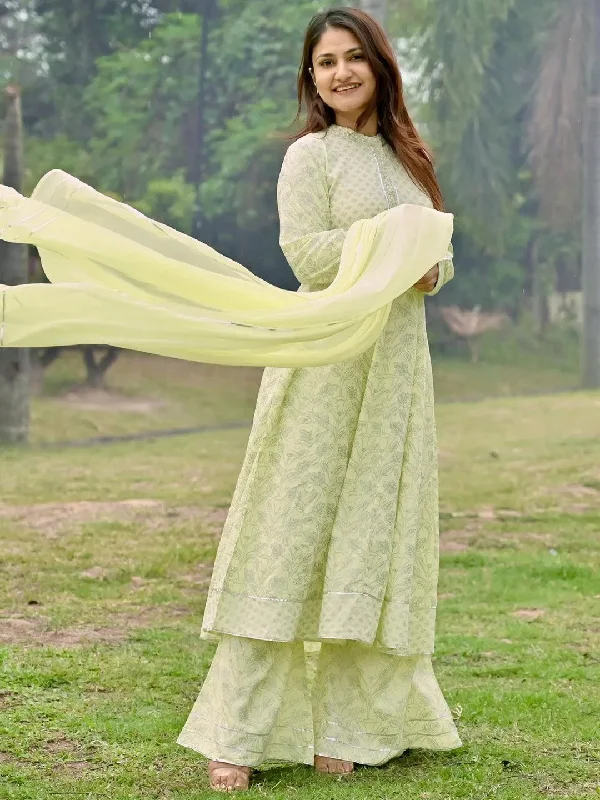 Yellow Printed Cotton A-Line Kurta With Palazzos & Dupatta