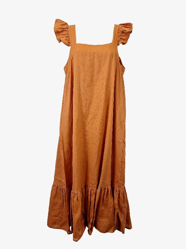 Isle of Mine Terracotta Frilled Strap Linen Maxi Dress Size M