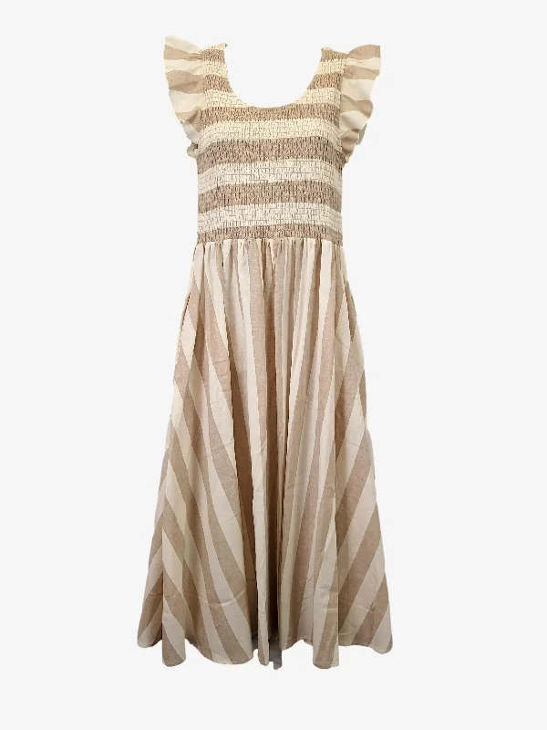 Mister Zimi Elegant Striped Gathered Linen Maxi Dress Size 10