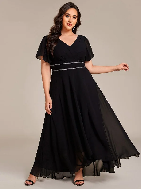 Plus Size V-Neck Rhinestone Waist Chiffon Maxi Formal Evening Dress