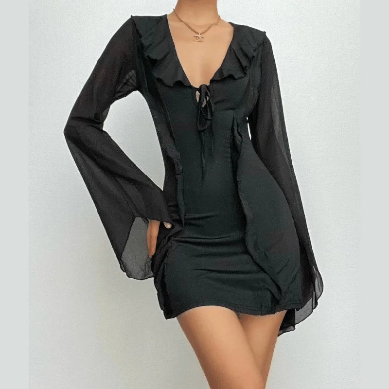 BerryBetty - Ruffle long flared sleeve self tie chiffon solid mini dress