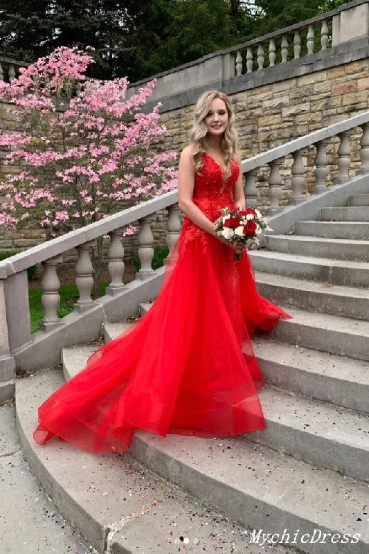 Red Lace Prom Dresses 2025 Cheap V Neck A Line Tulle Evening Gowns