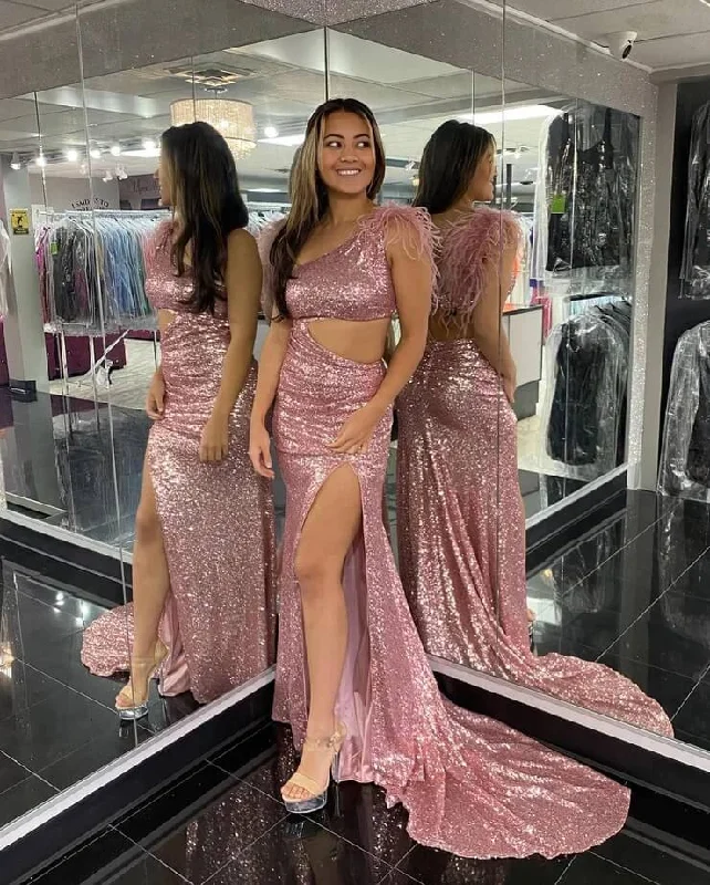 2025 Blush Pink Sequins Prom Dresses Mermaid Evening Dress One Shoulder