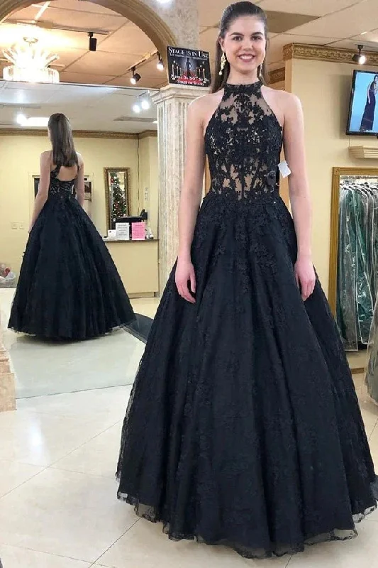 A-Line Black Halter Long 2025 Prom Dresses Lace Halter Formal Evening Dresses