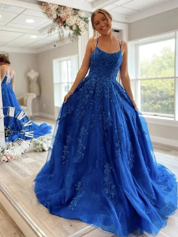 A Line Blue Lace 2025 Prom Dresses Cross Back Cheap Formal Evening Dresses