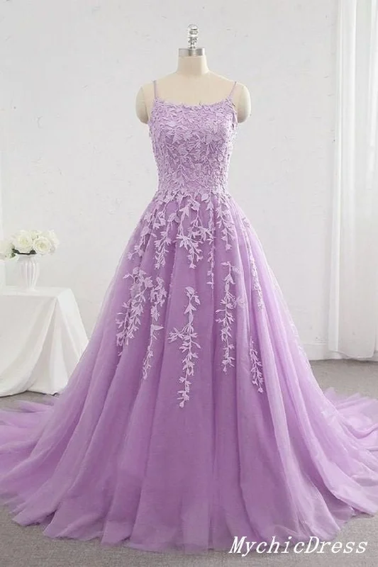 A Line Lace lavender Prom Dresses Spaghetti Straps Applique Long Evening Dress