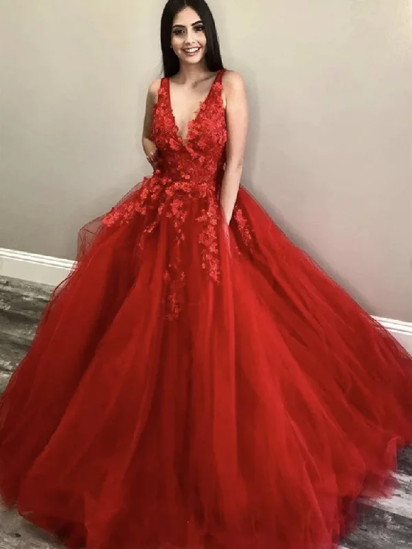 A Line 2025 Red Lace Floral Prom Dresses Tulle V Neck Long Evening Dress