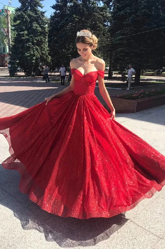 A Line Red 2025 Prom Dresses Off the Shoulder Shiny Sequin Evening Dress Long