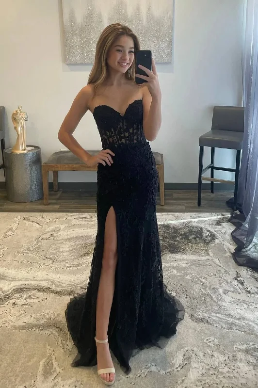 2025 Black Lace Prom Dresses Strapless Split Long Evening Dresses Mermaid