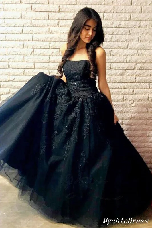 Black Prom Dresses 2025 A Line Strapless Long Lace Evening Dresses