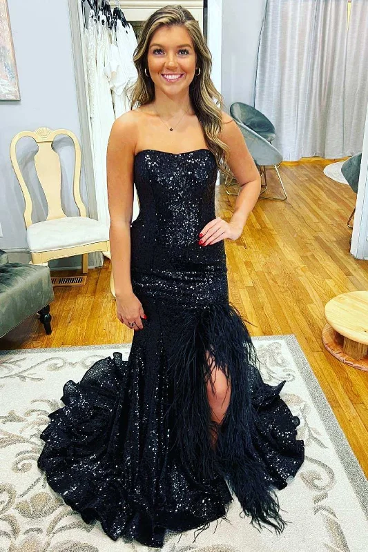 2025 Black Sequin Prom Dresses Mermaid Long Evening Dress with Feather