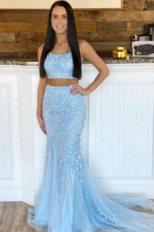 Blue Lace 2 Piece Prom Dresses 2025 Long Mermaid Evening Gowns