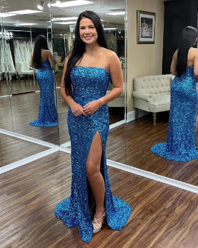 Blue Sequin Prom Dresses UK Long Mermaid Evening Gowns Sleeveless