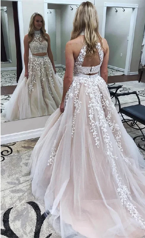 2025 Champagne Two Piece Prom Dresses UK High Neck Lace Evening Dress