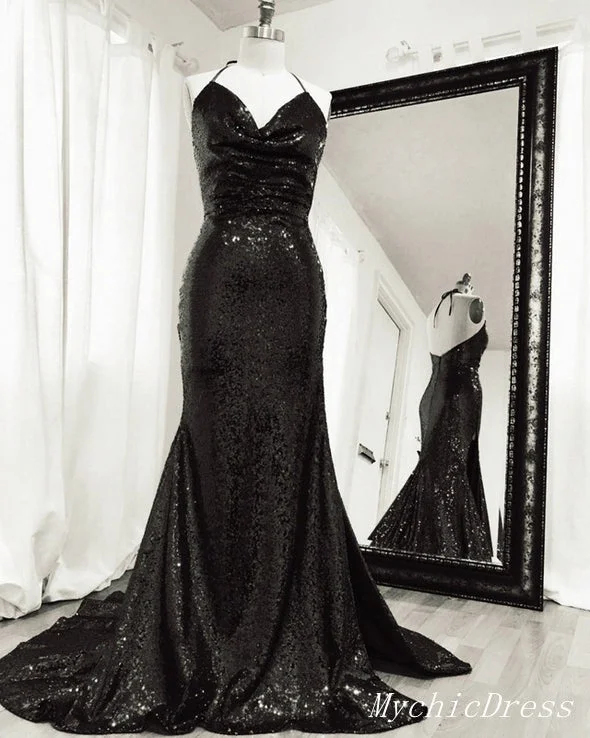 Cheap Black Sequin Mermaid Prom Dresses Halter Evening Formal Gown