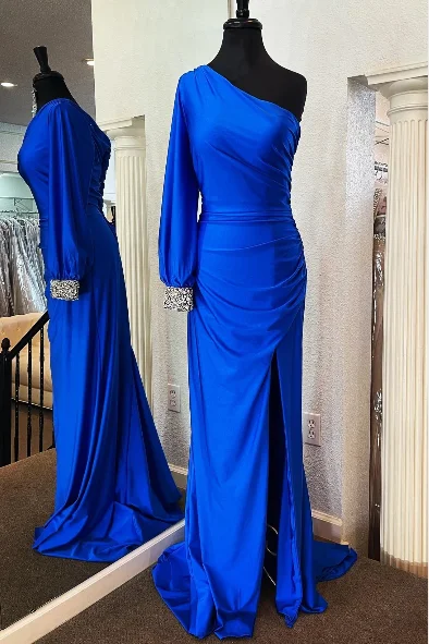 Cheap 2025 One Shoulder Prom Dresses Royal Blue Long Sleeve Party Dress