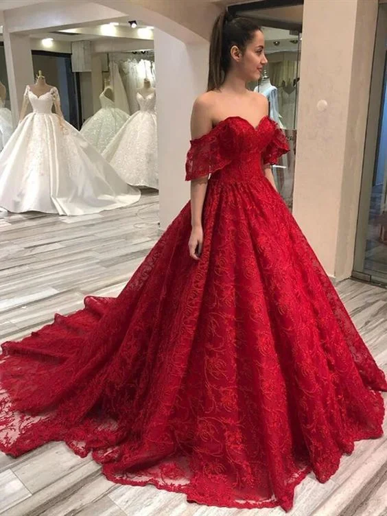 Cheap 2025 Off The Shoulder Lace Prom Dresses Red Long Party Dresses