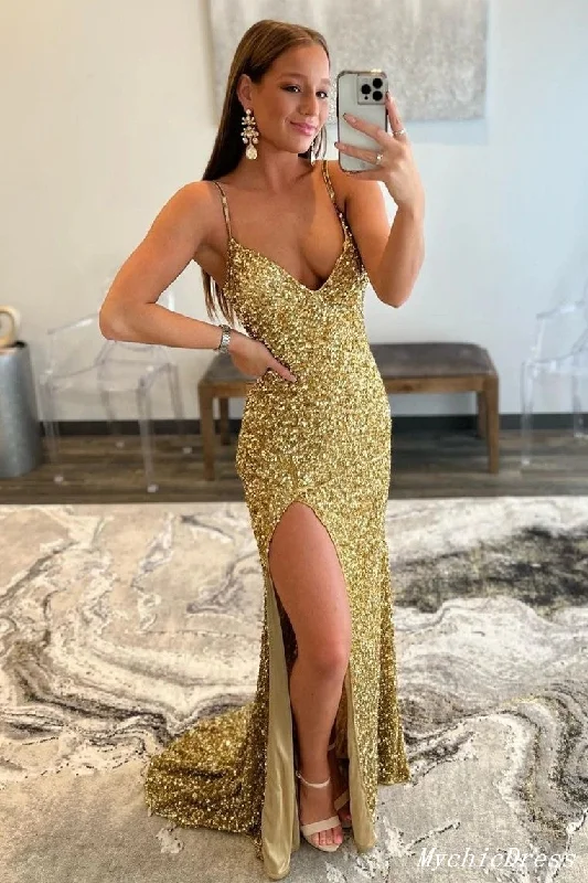 2025 Cheap Sequin Gold Prom Dresses V Neck Mermaid UK Evening Dresses