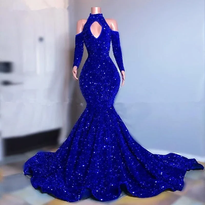 Gorgeous High Neck Long Sleeve Royal Blue Prom Dresses Sequins Party Dress