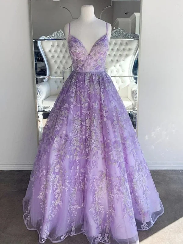 Gorgeous Purple Lace Lilac Prom Dresses V Neck Backless Long Evening Dresses