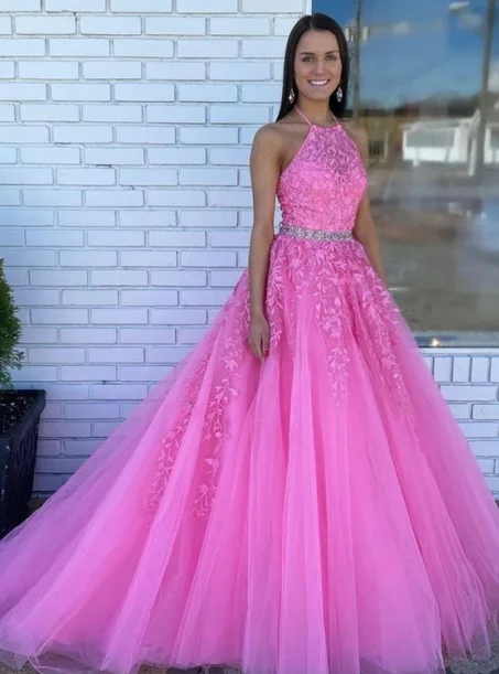 2025 Halter Pink Prom Dresses A Line Lace Evening Gowns With Beaded