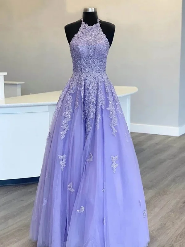 Hot 2024 Halter Purple Prom Dresses Lace Long Graduation Evening Dresses