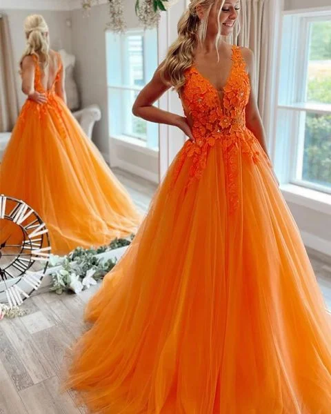 2025 Orange Lace Beaded Prom Dresses V Neck Tulle Sleeveless Evening Dress UK