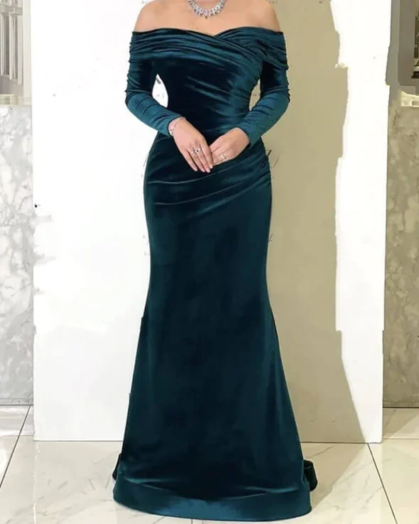 Long Green Velvet 2024 Prom Evening Dresses Mermaid Off Shoulder Formal Dress