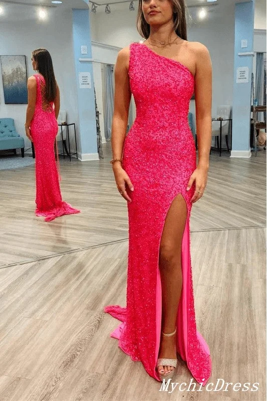 2025 Long Pink Prom Dresses Sequins One Shoulder Evening Gown with Split