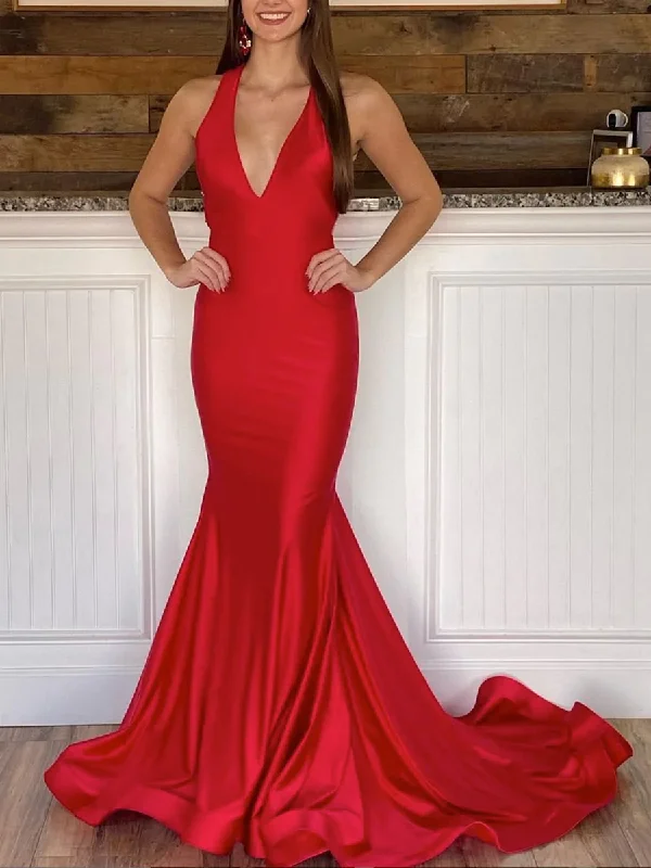 2025 Long Satin Red Evening Dresses Mermaid V Neck Cheap Prom Dress