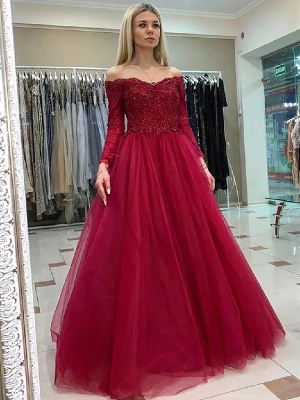 Long Sleeves Burgundy Prom Dresses Lace Off Shoulder Tulle Formal Evening Dresses