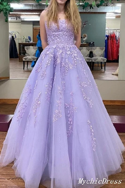 Long Strapless Lace Prom Dresses Purple Floor Length Evening Dress