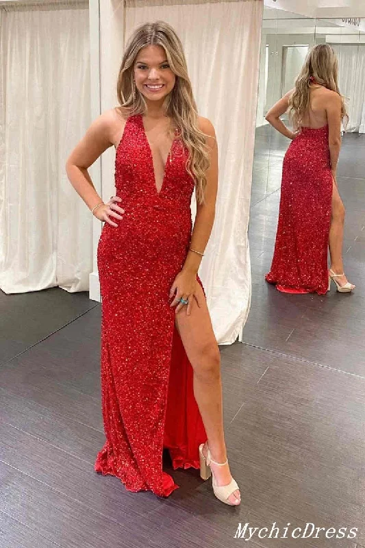 Long V Neck Halter Sequin Prom Dresses 2025 Red Evening Gown with Split