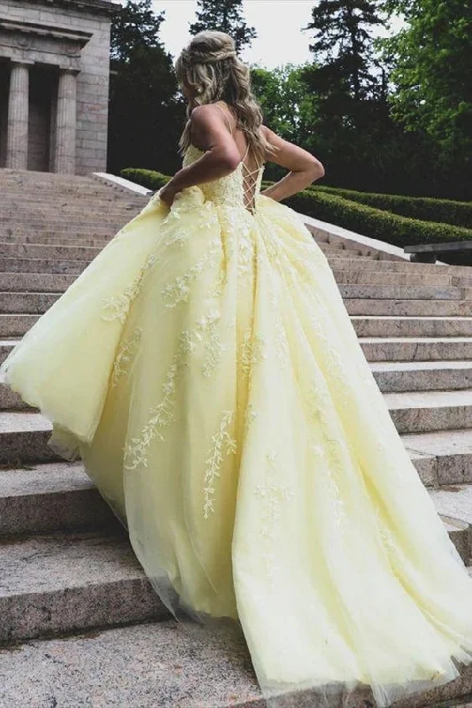 Long Yellow Evening Dresses Lace A Line Sleeveless Prom Dresses