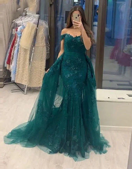 Off The Shoulder Prom Dresses 2024 Green Mermaid Lace Evening Dress Detachable Train