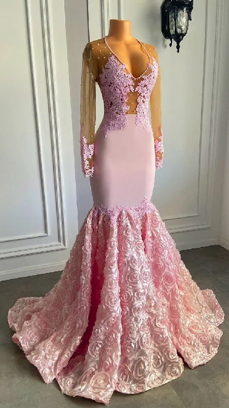 Pink Long Sleeves Lace Prom Dresses Mermaid Tulle Evening Formal Gown