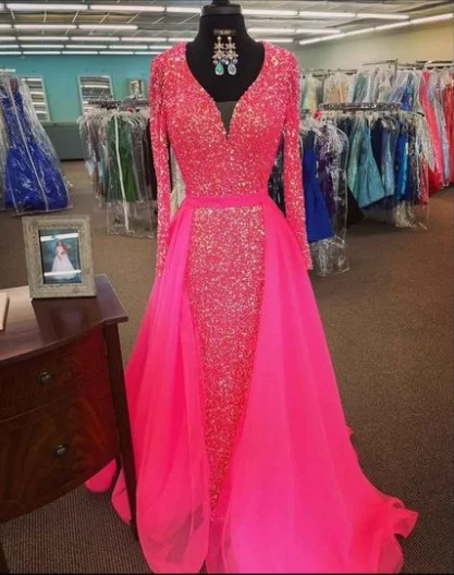 Pink Sequin Prom Dresses Long Sleeves V Neck Evening Gowns with Train